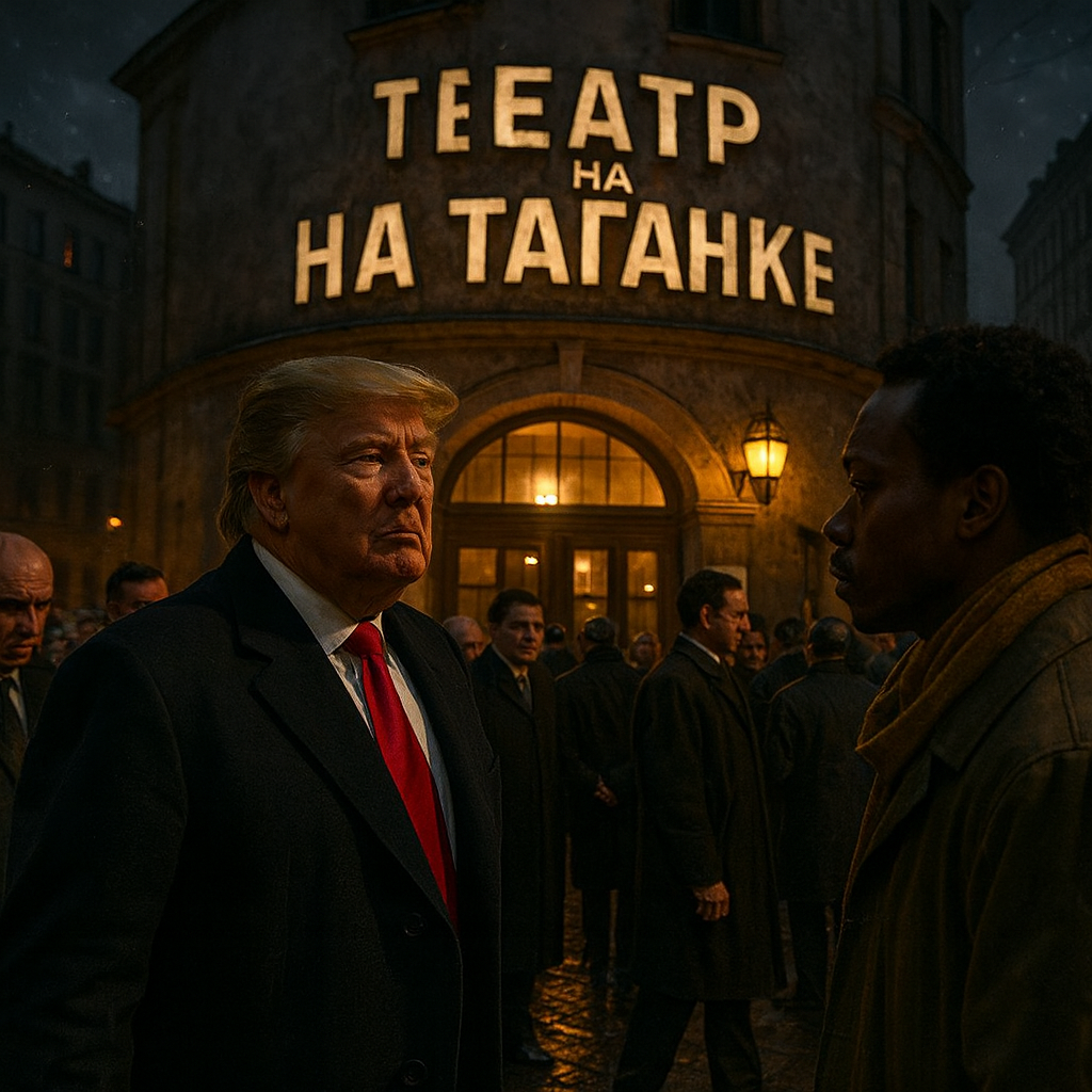 В фойе Театра на Таганке Дональд Трамп и Самуэль среди зрителей, журналистов и охраны