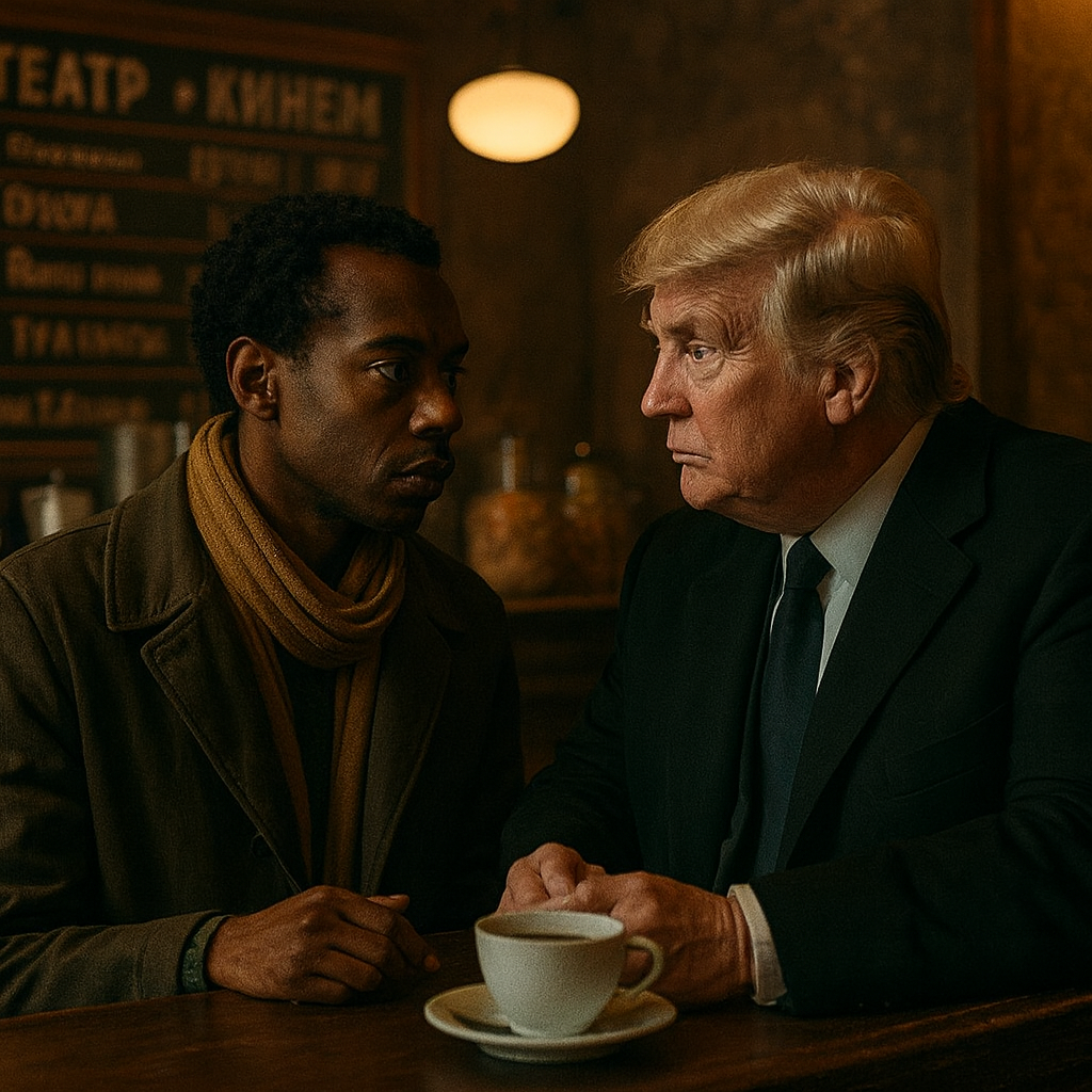 Дональд Трамп у зеркальной стены в Театре на Таганке смотрит на афишу, рядом Самуэль