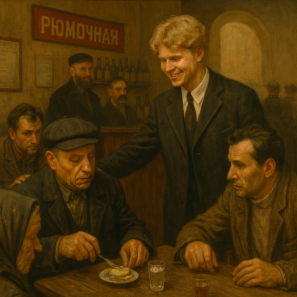 Semyon and 'Yesenin' walk along the wet pavement, discussing the details of the project