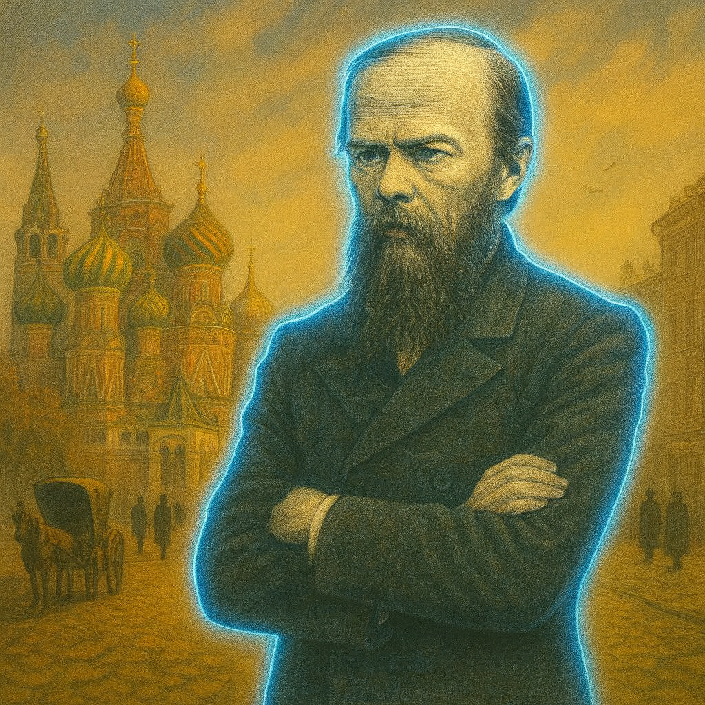 The first sunny day of spring on Arbatskaya, where a holographic projection of Fyodor Dostoevsky is depicted among mosaics in the Stalinist Empire style.