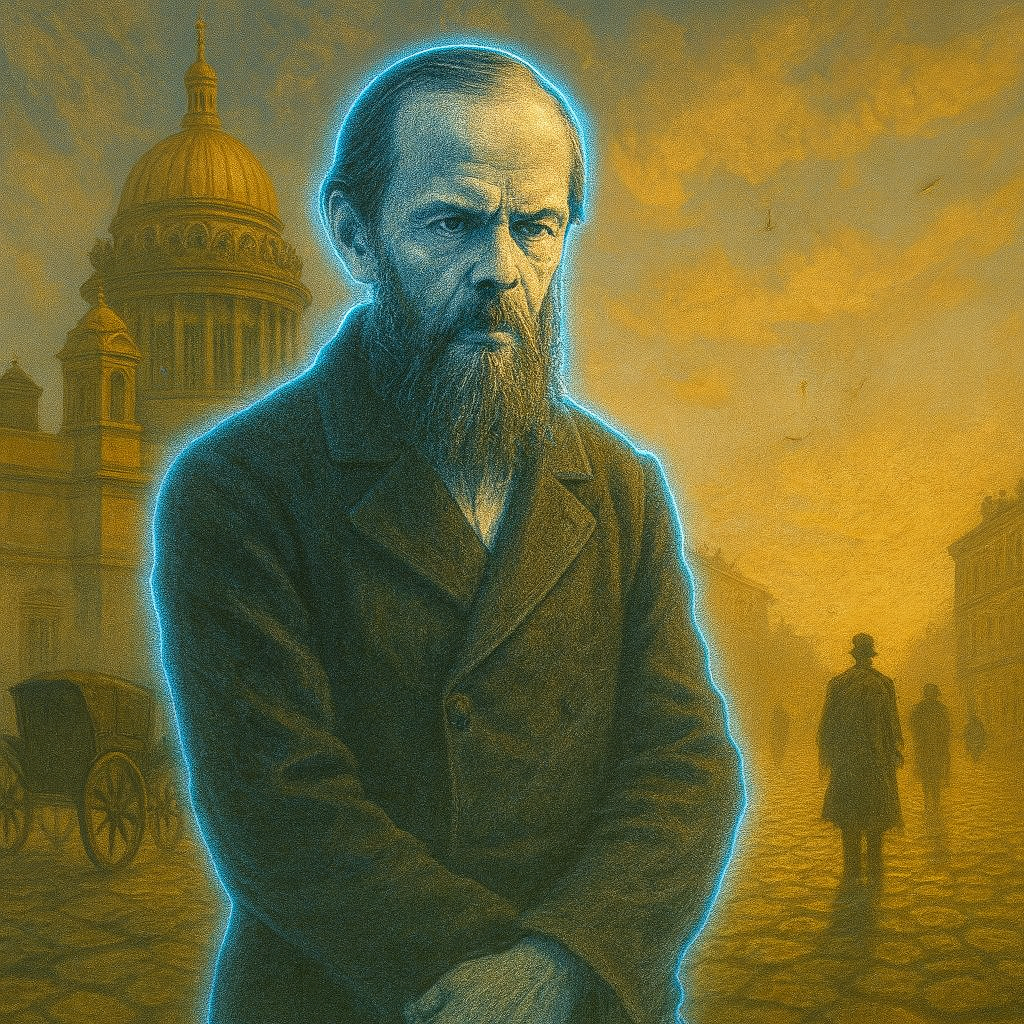 The first sunny day of spring on Arbatskaya, where a holographic projection of Fyodor Dostoevsky is depicted among mosaics in the Stalinist Empire style.