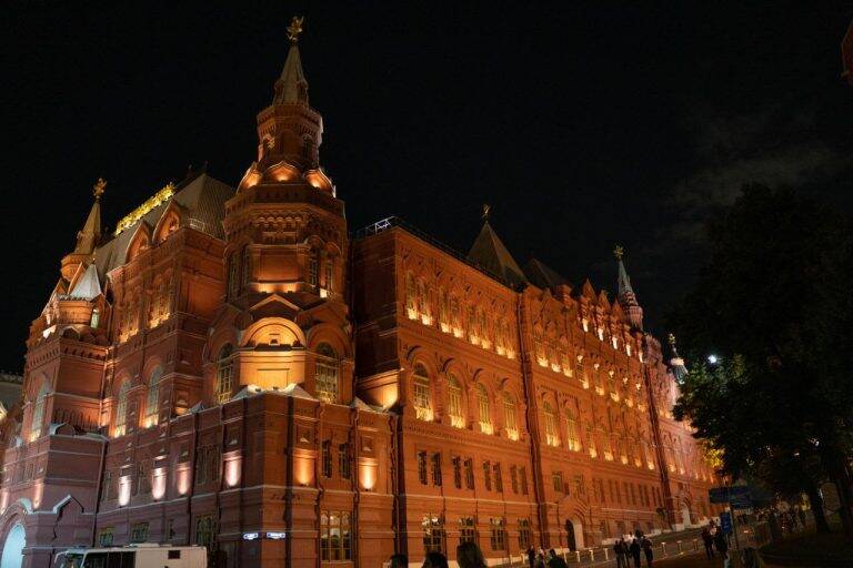 Historical Museum from the outside. Night tour of Moscow.