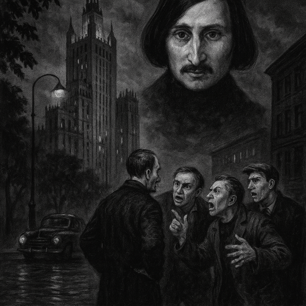 Nikolai Gogol and his mystical presence against the backdrop of a Moscow sunset.