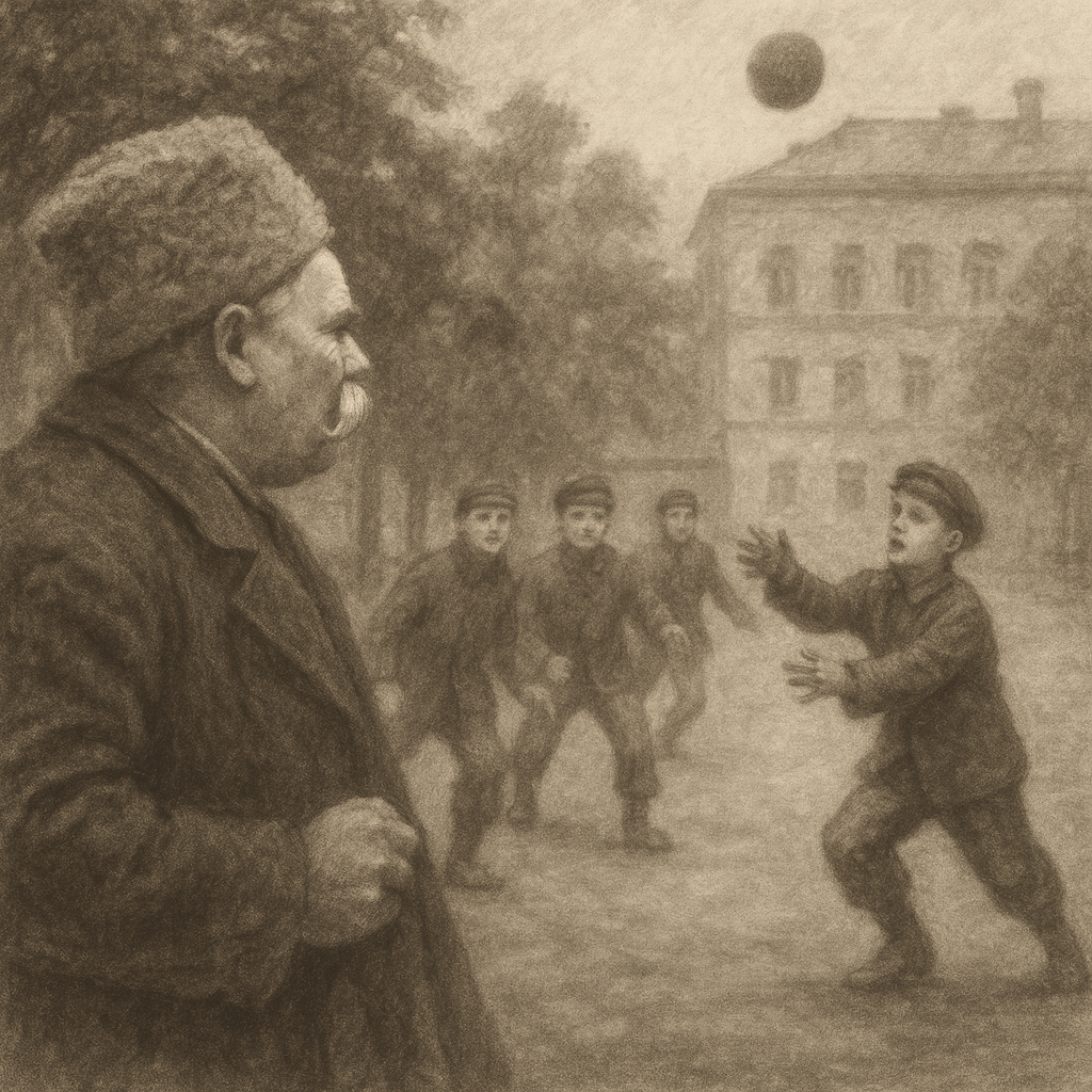 Gilyarovsky and Bely discuss football on Ivanovskaya Hill.