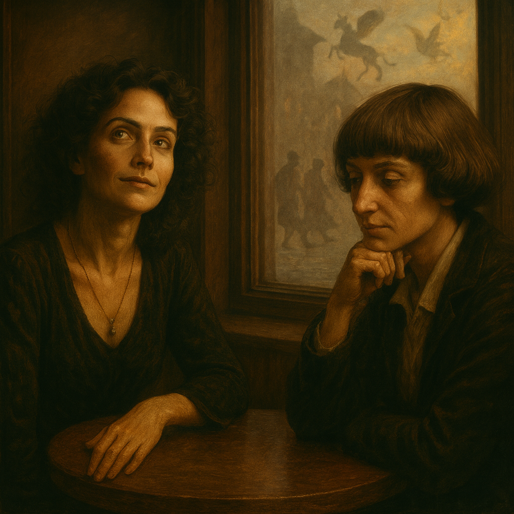 Margarita, with her enigmatic gaze and slight smile, seemed to float in another dimension, surrounded by fantastical characters and unknown beings. Marina, on the other hand, was immersed in her thoughts on poetry, her eyes glowing with the inner fire that fueled her creativity. Envy hung between them—not the kind that breeds hostility, but the kind that drives self-improvement.