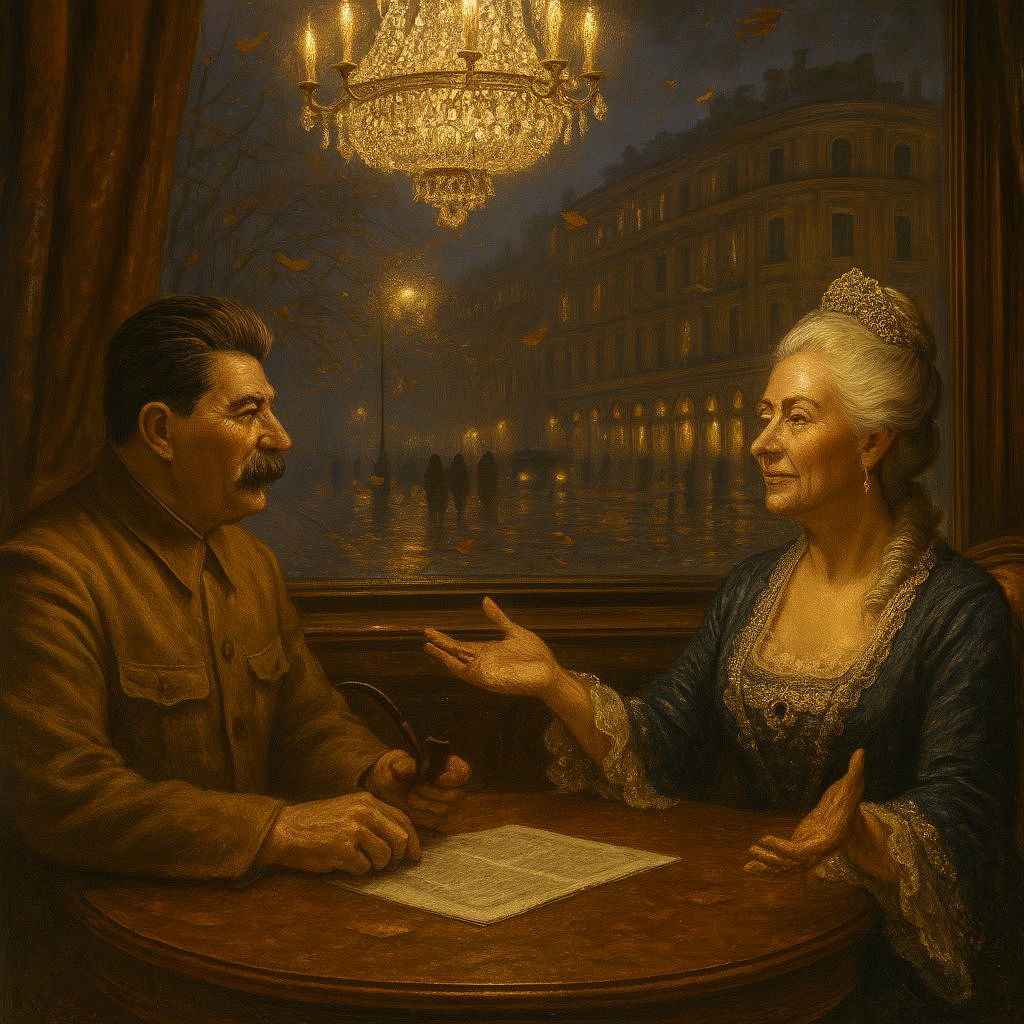 The wind swirls the leaves on Tverskaya Street, passers-by hurry, and in a luxurious hotel room are Stalin and Catherine the Great.