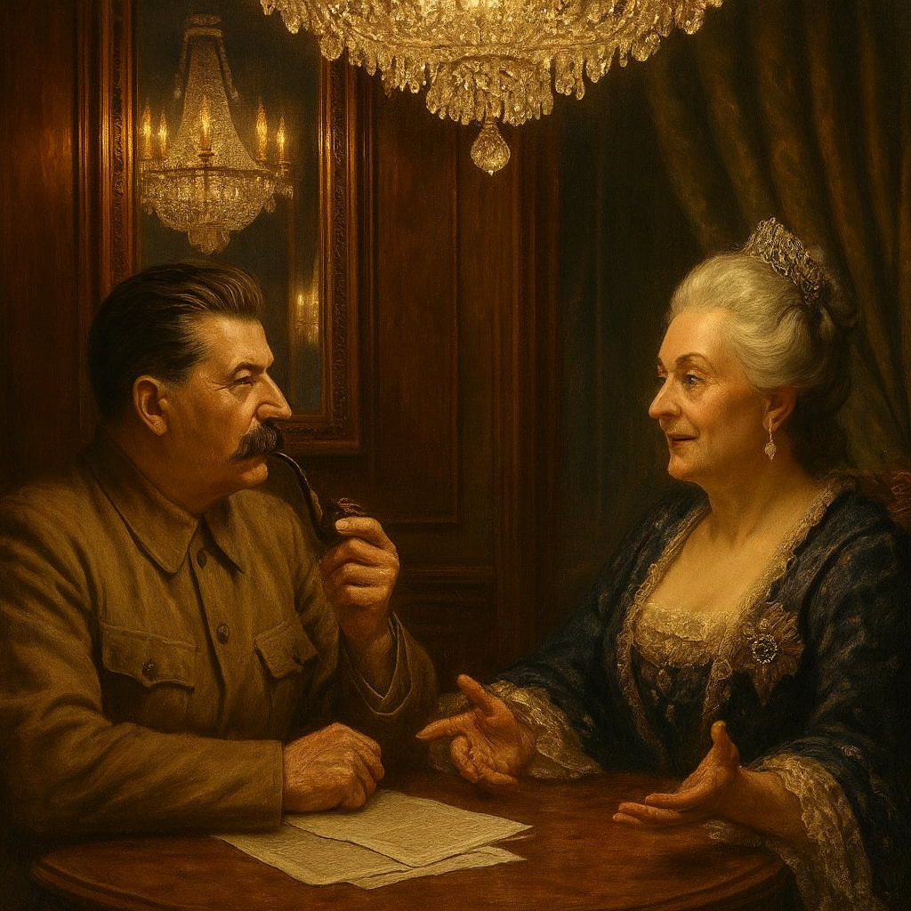 The light from the chandelier, reflected in the mirrors, illuminates their faces as Catherine talks about the reforms.