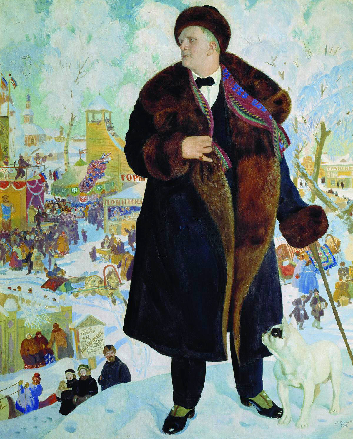Portrait of Fyodor Chaliapin in a fur coat against the backdrop of a winter fair, Boris Kustodiev, 1922