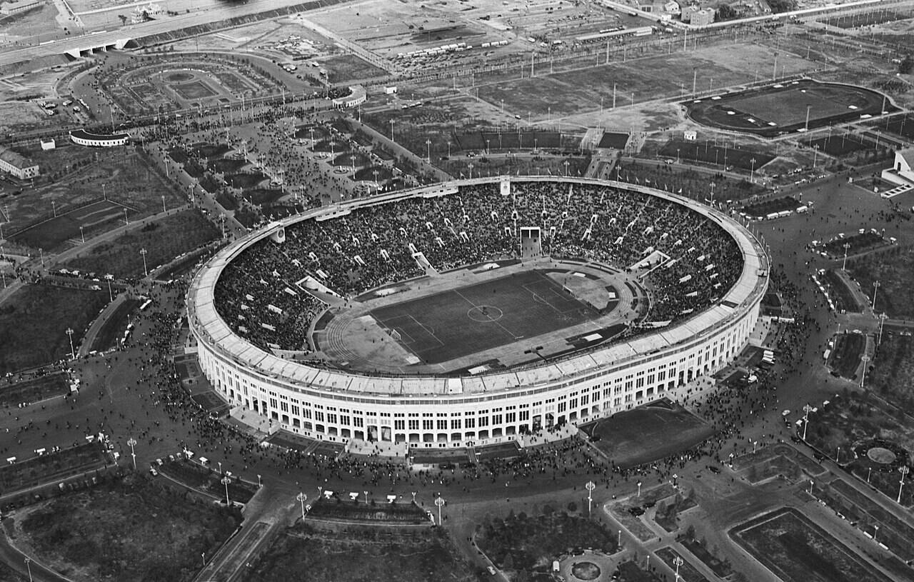 Aerial view of the Central Lenin Stadium at Luzhniki on 16 August 1956