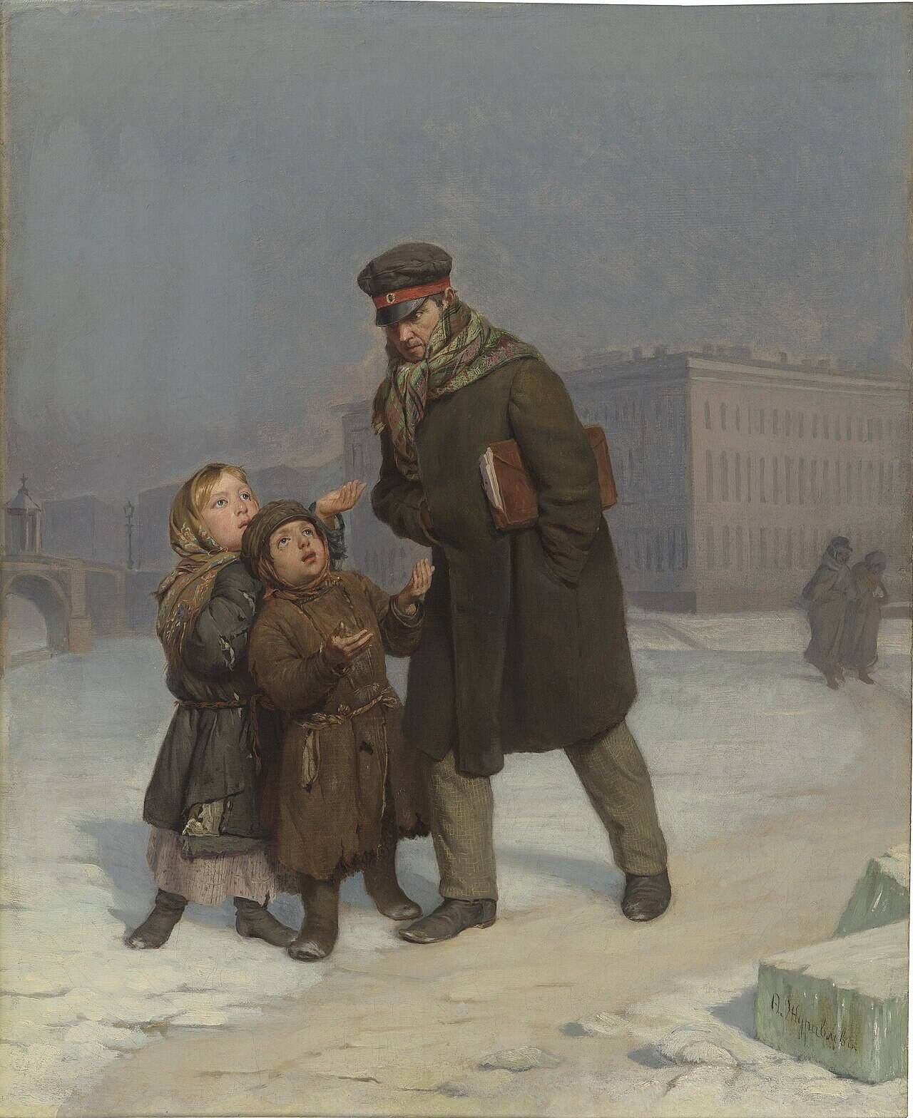 A painting by Firs Zhuravlev depicting two children appealing to a passer-by on a wintry street