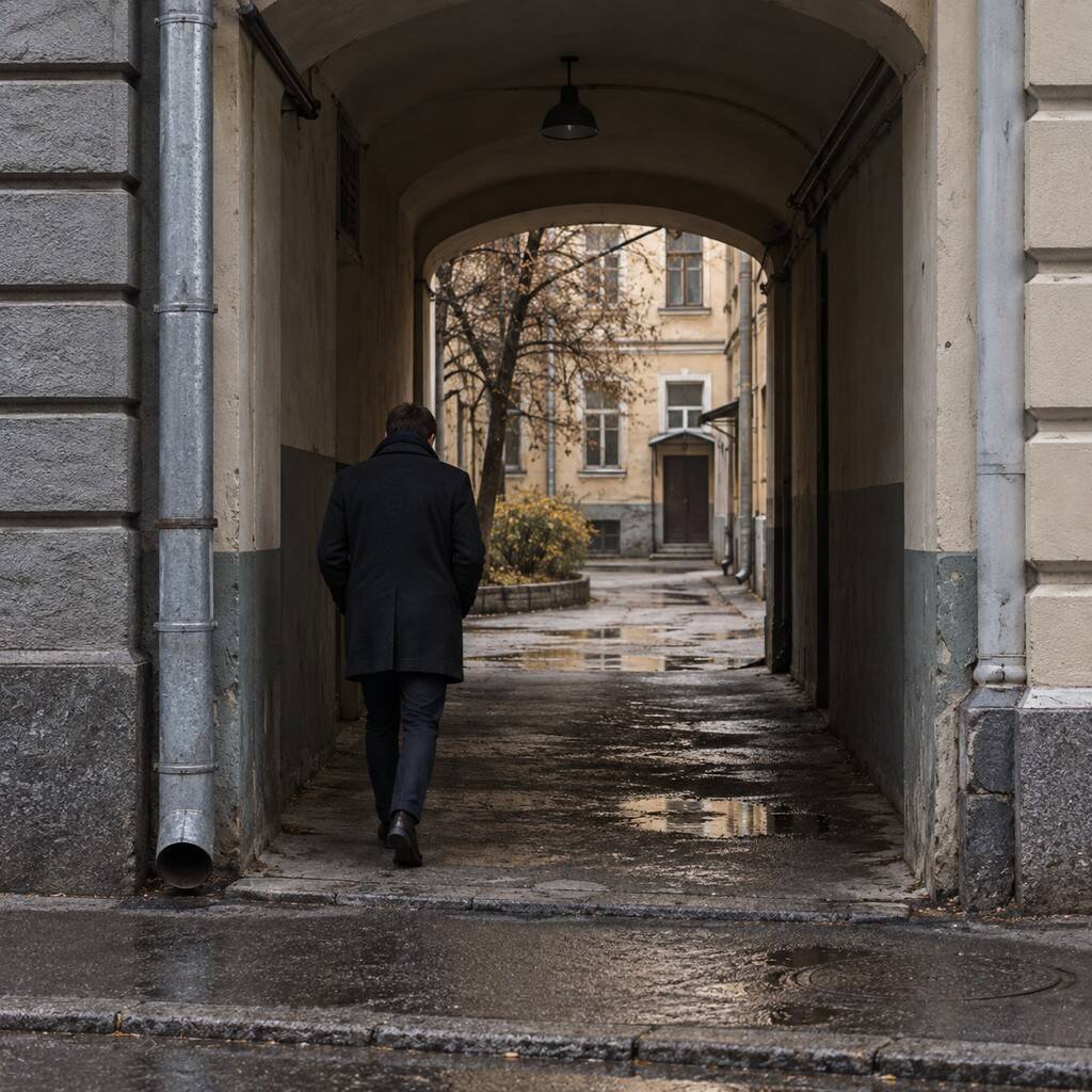 An interior passage through a central block on the route to the Moscow Kabbalah Centre.