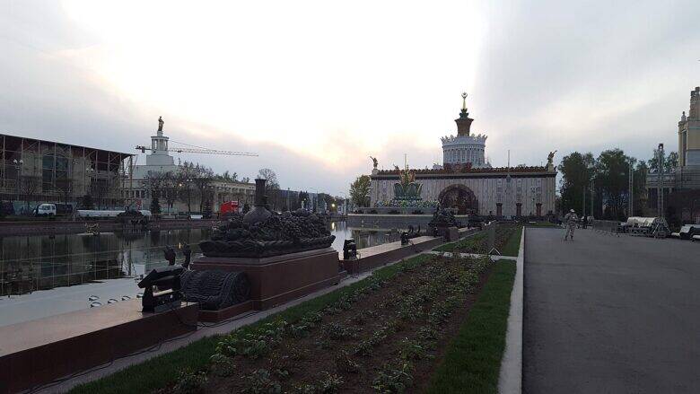 Бассейн фонтана «Каменный цветок» с водой, скульптурным натюрмортом на переднем плане и центральной композицией вдали; струи не работают.