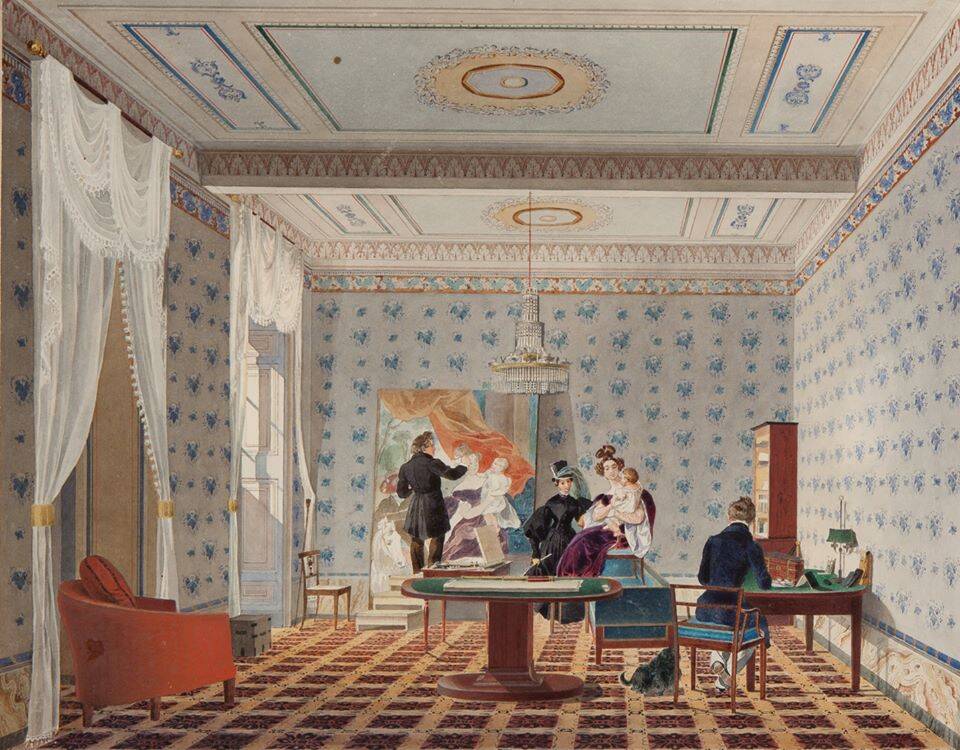Karl Bryullov painting a group portrait of the Davydov family in a spacious interior