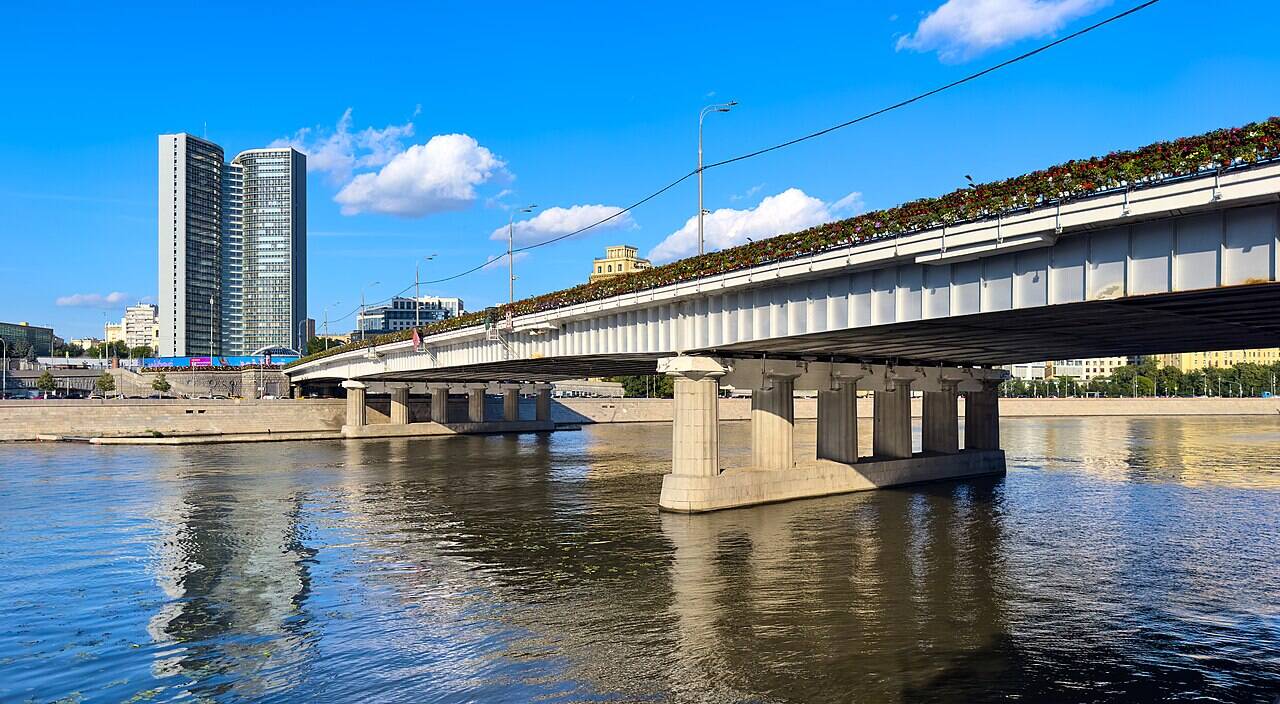 Novoarbatsky Bridge over the Moskva River, with a high-rise building beyond