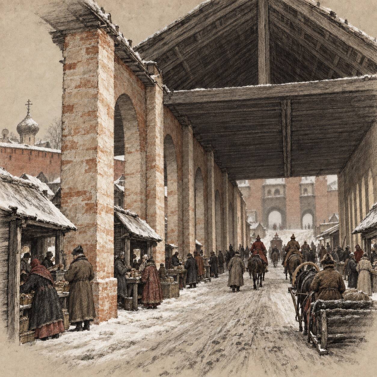 Воскресенский мост в версии Аполлинария Васнецова 1921 года: высокая аркада, городское движение и Воскресенские ворота.