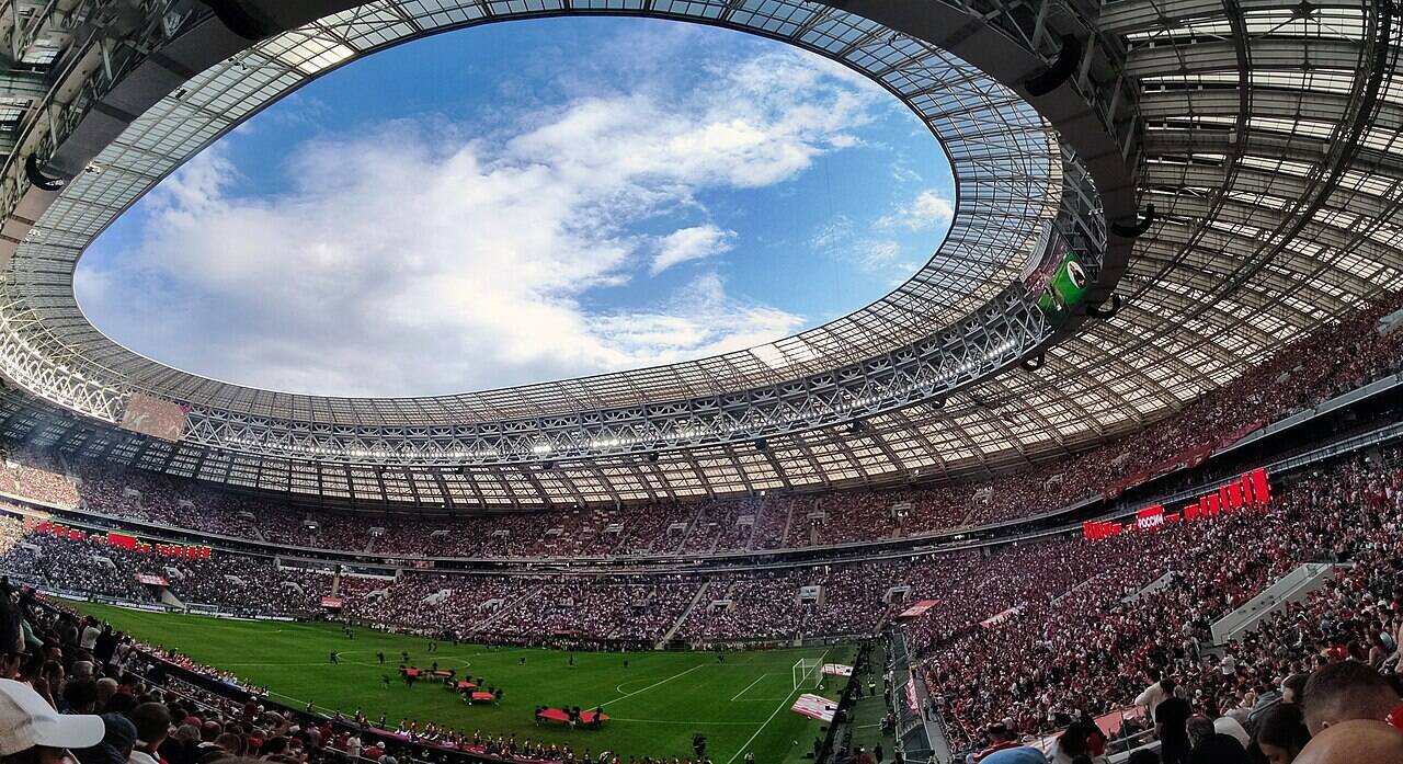 Panoramic view of the modern seating bowl at Luzhniki Stadium before the Russian Cup Final on 24 May 2026