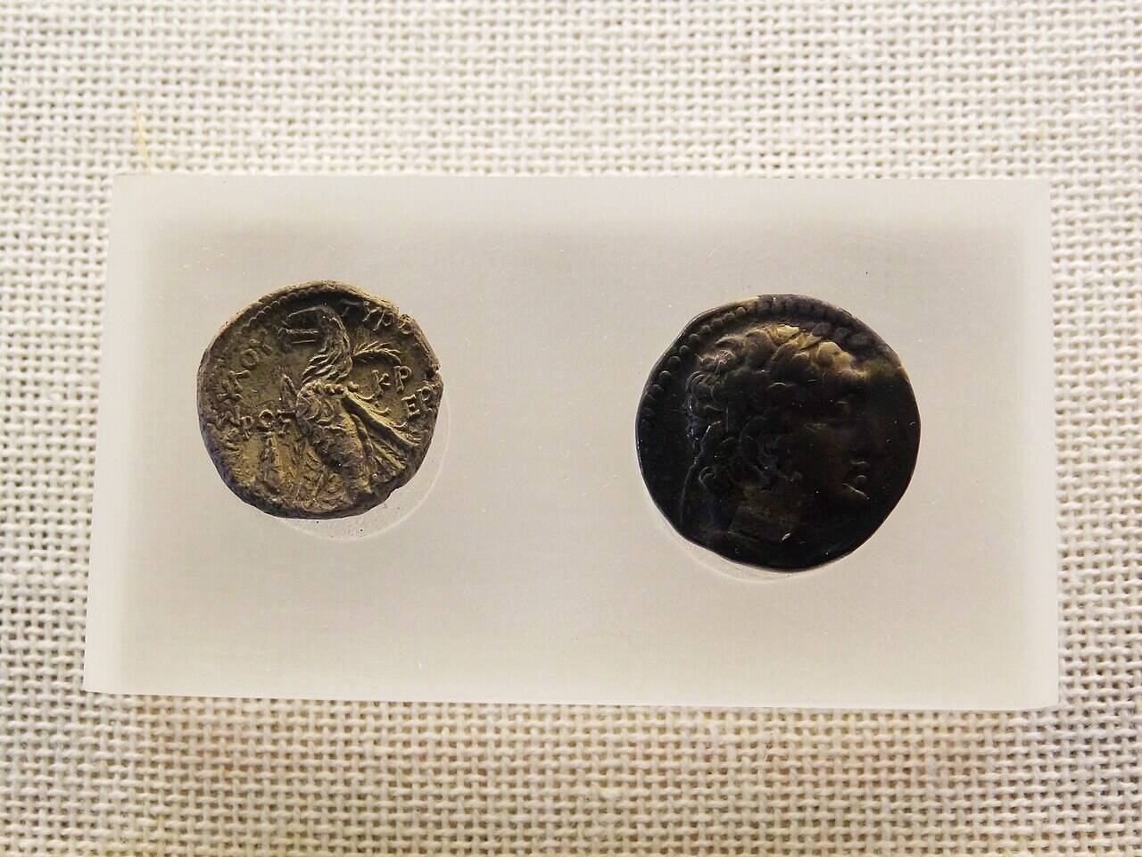 The two sides of a Tyrian silver shekel: an eagle surrounded by a circular inscription on the left, and the head of Heracles-Melqart in profile on the right.