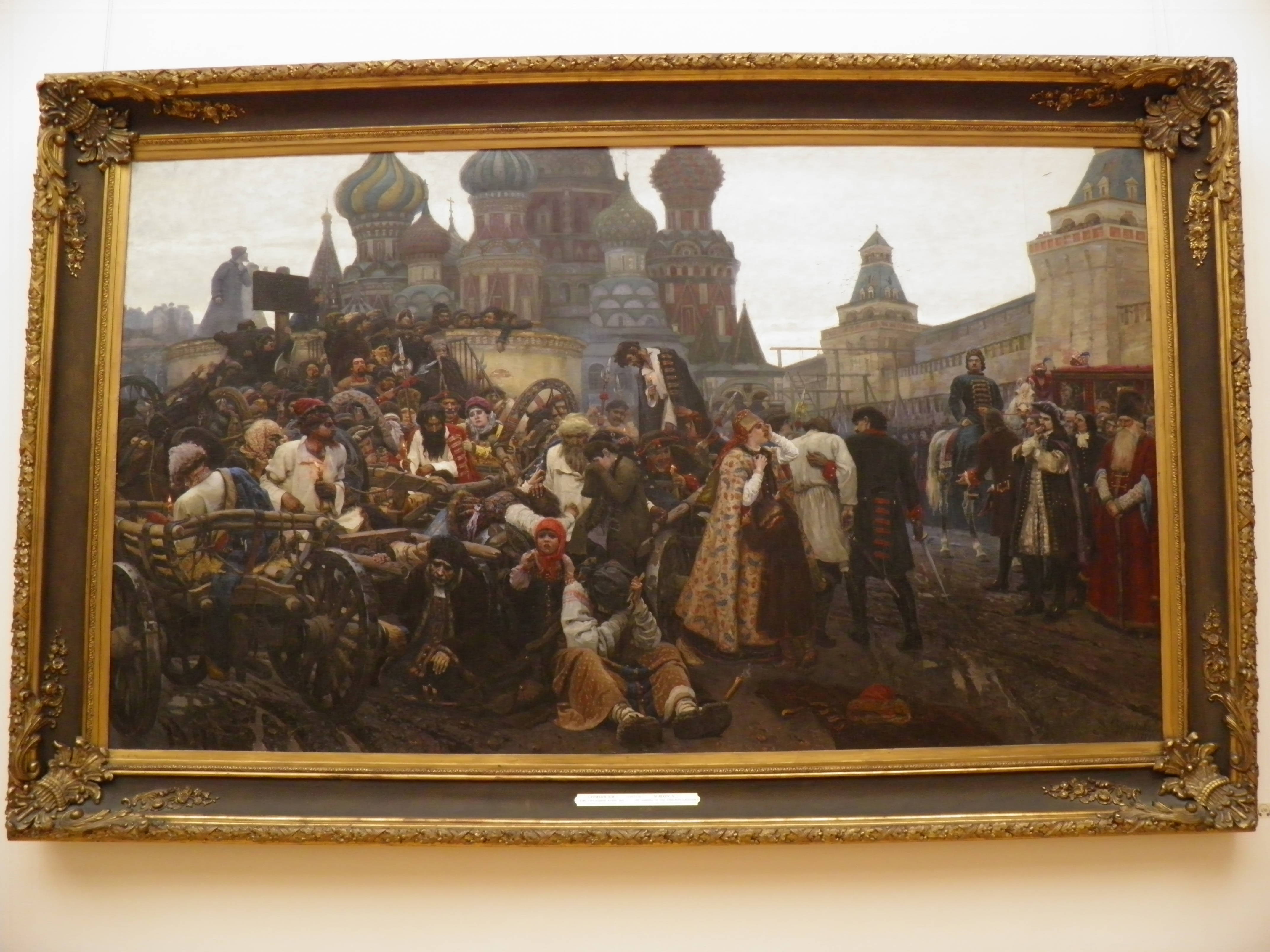 Surikov’s painting ‘The Morning of the Streltsy Execution’ in its museum frame: Streltsy, carts and a crowd in Red Square