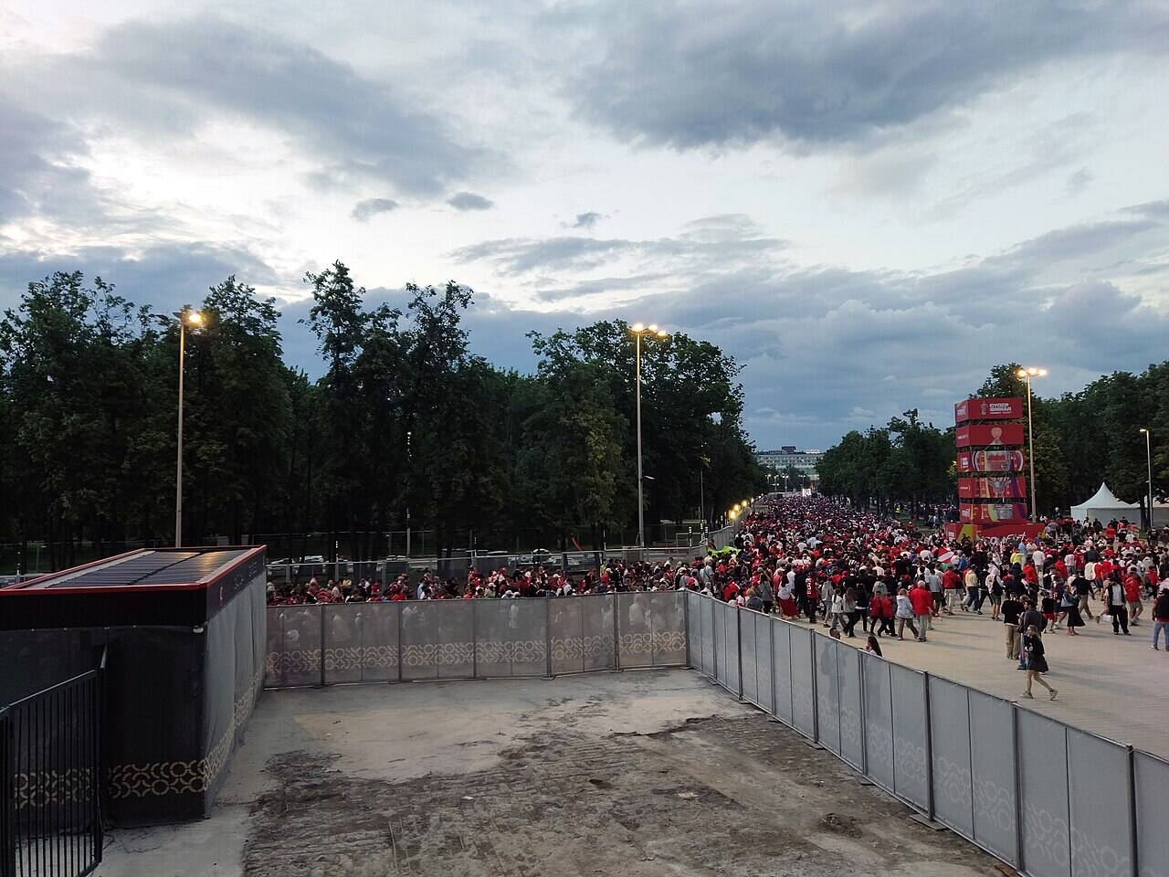 Spectators leaving Luzhniki Stadium along a fenced route after the Russian Cup Final on 24 May 2026