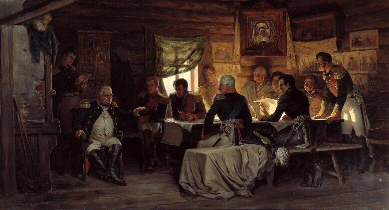 The painting shows generals discussing plans at a table in a wooden peasant house; Kutuzov is seated on the left.