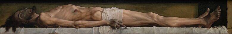 Holbein's painting: Christ's body lies on a white cloth in a narrow stone niche.