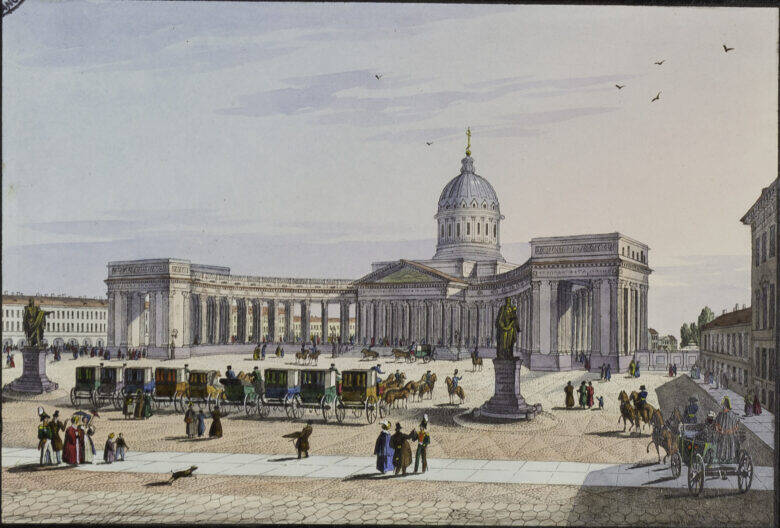 A coloured view of Kazan Cathedral with two monuments in front of the colonnade; carriages stand in the square as people stroll.