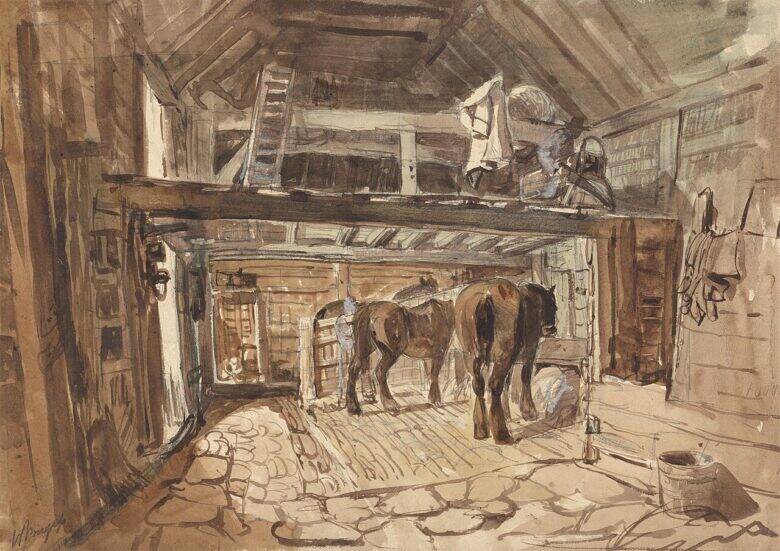 A drawing of a wooden stable with several horses in stalls; two horses stand at feeding troughs.
