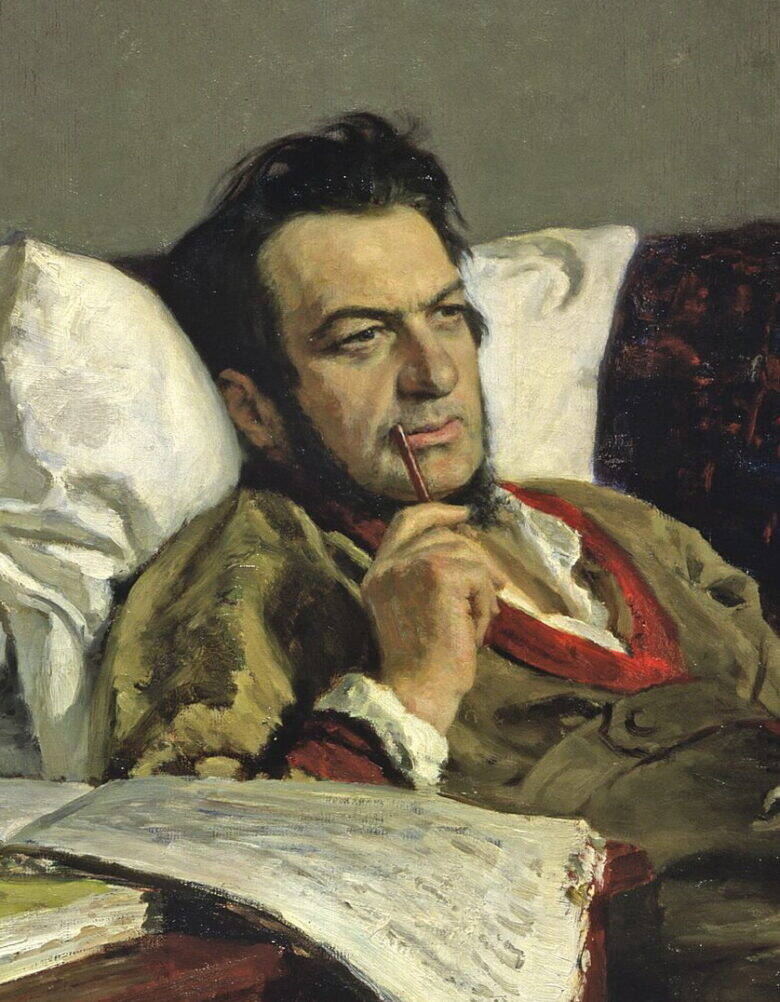 A detail from Repin’s painting: Mikhail Glinka reclines, holding a quill near his face, with sheets of music in front of him.