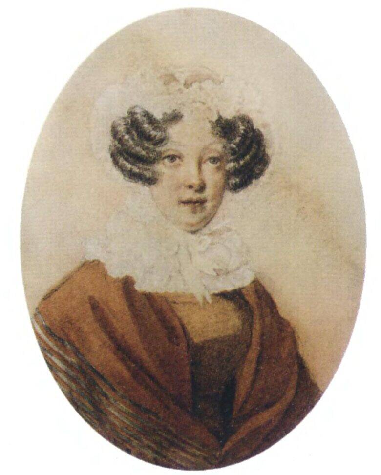An oval watercolour portrait of Natalya Ivanovna Goncharova with dark curls, a white collar and a brown shawl.
