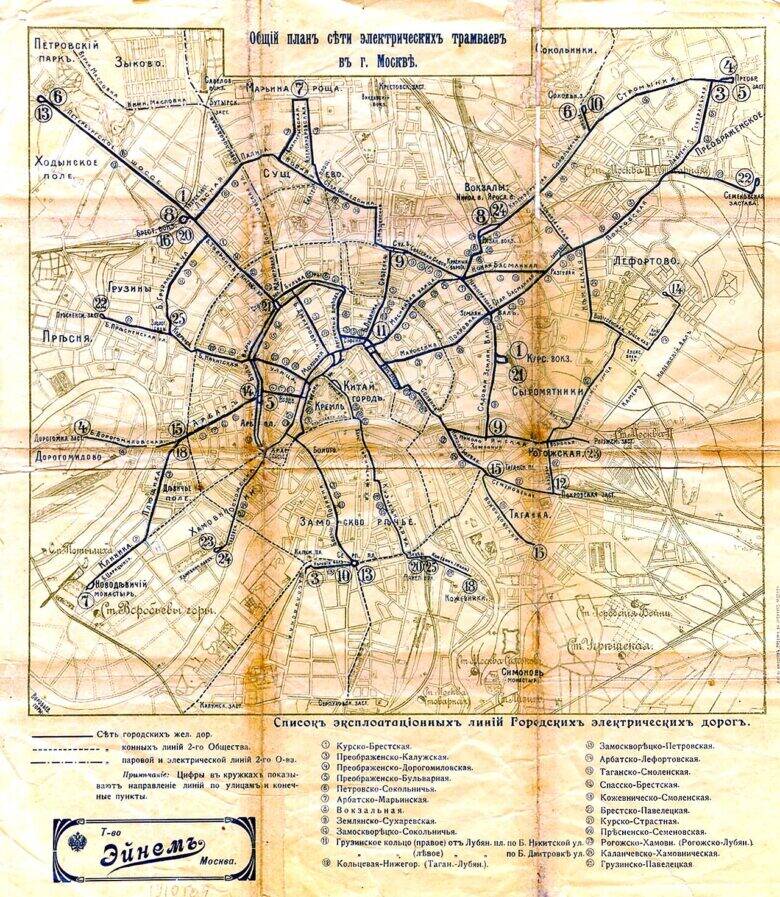 A historic map of Moscow showing tram lines, with a list of the lines at the bottom of the sheet.