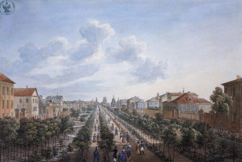 A historic colour view of Tverskoy Boulevard: a straight avenue with trees and pedestrians, and houses on both sides.