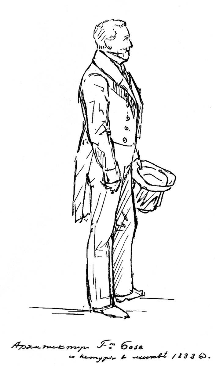 Osip Bove in profile in a black-and-white sketch: wearing a long frock coat and holding a top hat; a handwritten inscription below.