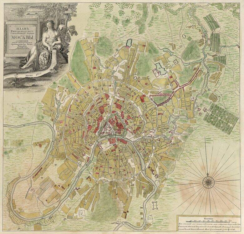 A coloured historical plan of Moscow with a title cartouche at the top left and a compass rose and scale bar at the bottom right.