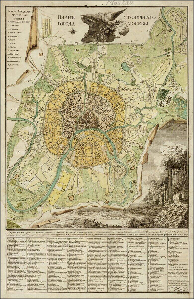 A coloured 18th-century plan of Moscow showing a river and streets, with a double-headed eagle at the top and a list of sites at the bottom.