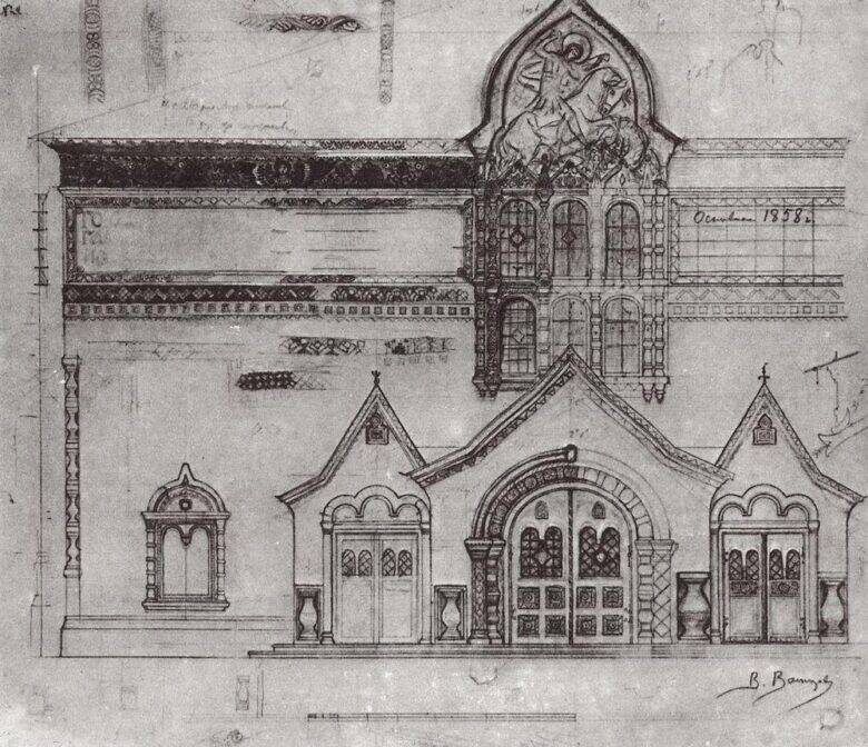 Black-and-white design for the façade of the Tretyakov Gallery: a relief depicting a horseman and a serpent sits above the arched entrance