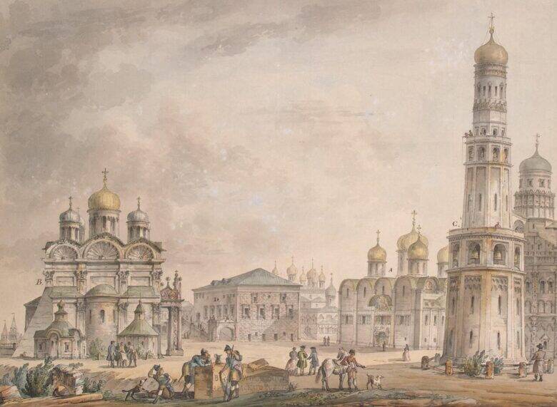 A drawing of Cathedral Square in the Kremlin: a cathedral on the left, the Ivan the Great Bell Tower on the right, and people and horses in the square.