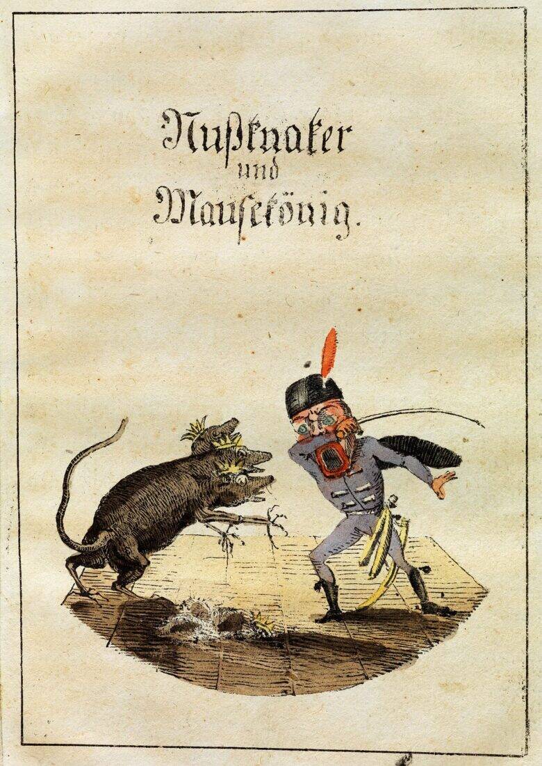 Старинный лист с заголовком «Nußknacker und Mausekönig»: под ним Щелкунчик с саблей сражается с коронованным Мышиным королём.